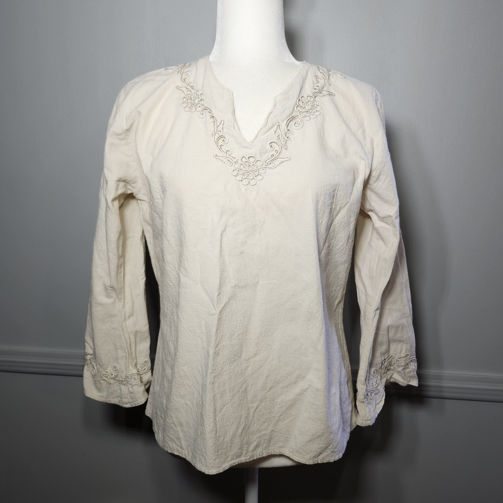 Vintage Lightweight V Neck Slit Vacation Beach Embroidered Flowy Top